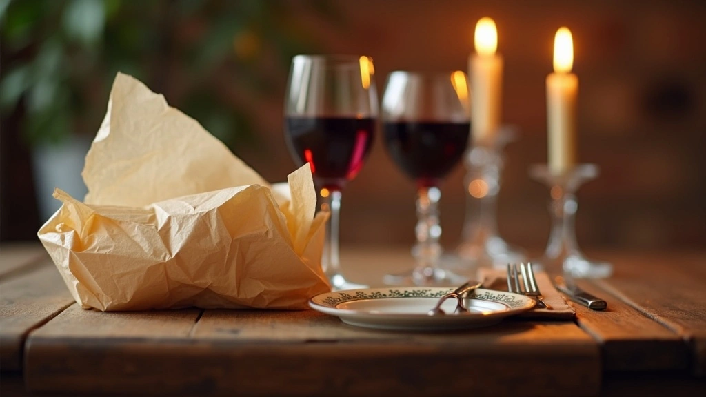 Romantic dinner table with wine glasses, candles, and a crumpled fast-food wrapper, symbolizing the contrast between instant gratification and long-term value in relationships.