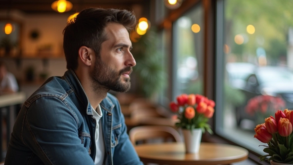 Man sitting alone in a café by the window, looking thoughtful and reflective, symbolizing men’s perspective on dating, relationships, and patience.
