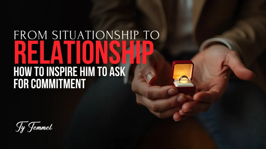 Close-up of a man holding an open red ring box with a glowing engagement ring, symbolizing commitment and transition from a situationship to a relationship.