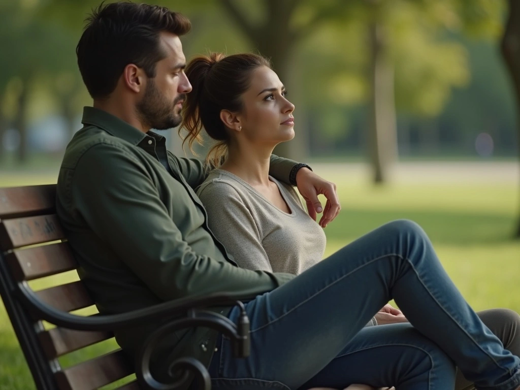 A couple sits closely together on a park bench, looking thoughtful and reflective, symbolizing intimacy, trust, and conversations about the future.