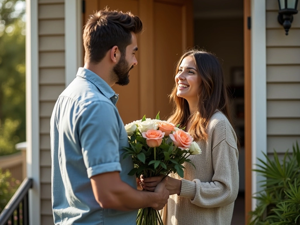 A smiling woman happily receives a bouquet of roses from a man at her doorstep, symbolizing romance, affection, and relationship growth.