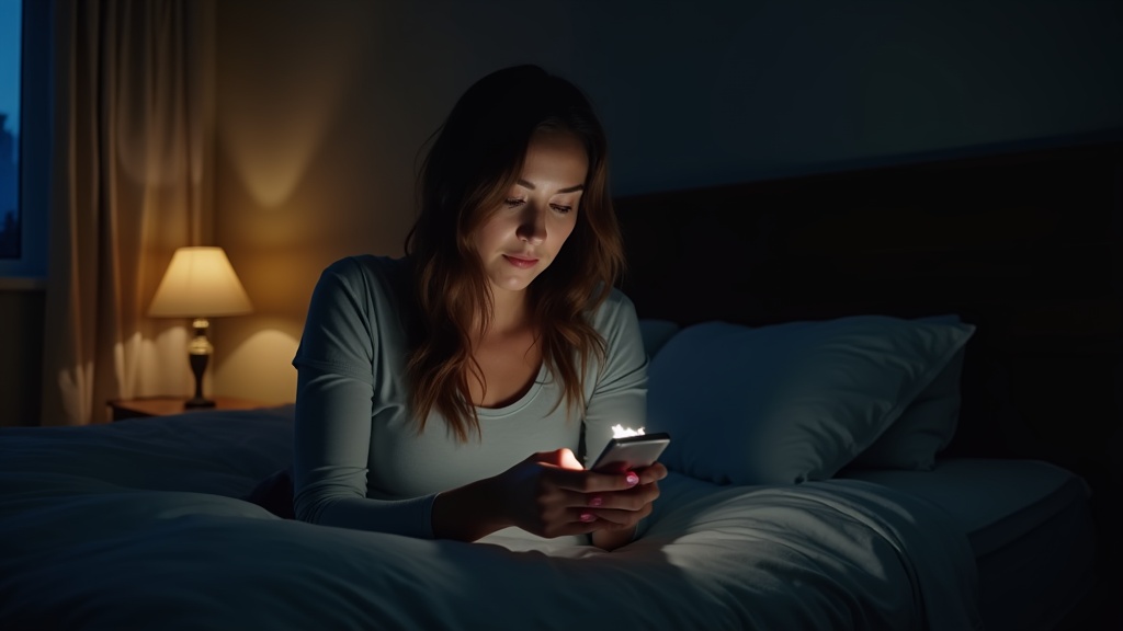 Woman sitting on bed at night looking at her phone, illuminated by screen light, symbolizing late-night texting and modern dating habits.