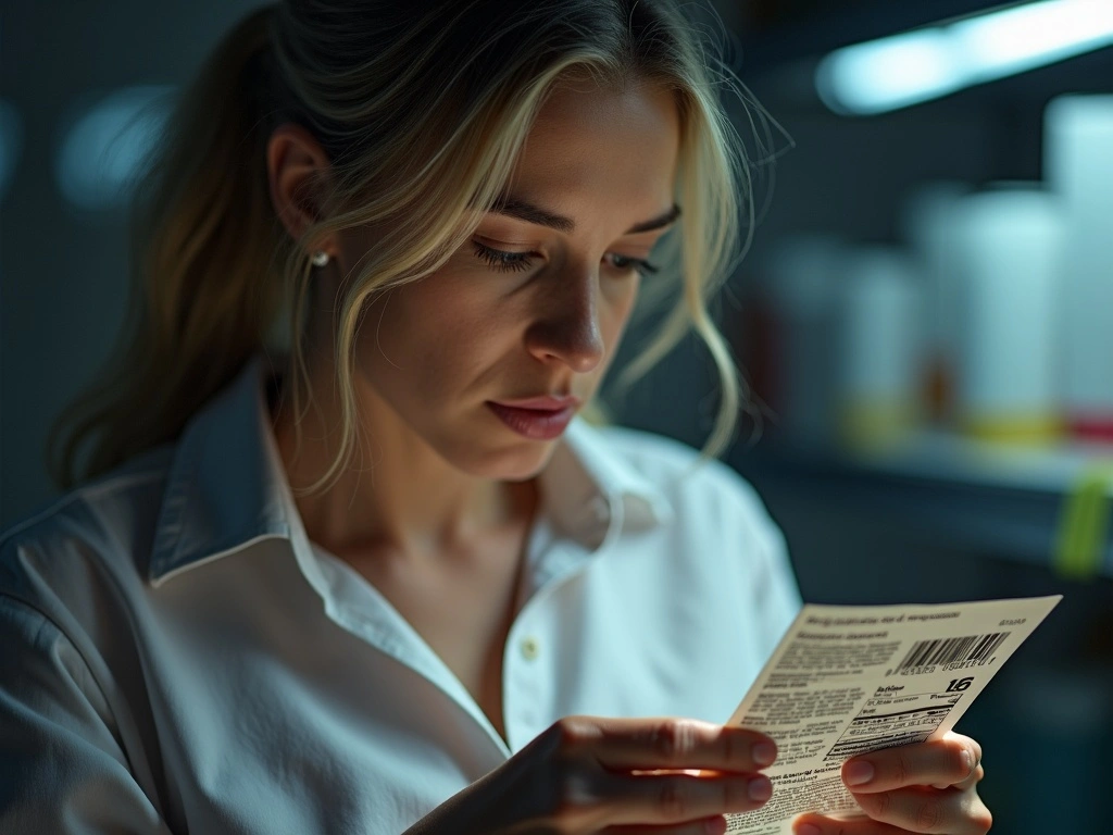 Woman examining a label under dim light, symbolizing carefully inspecting details before making emotional or dating decisions.