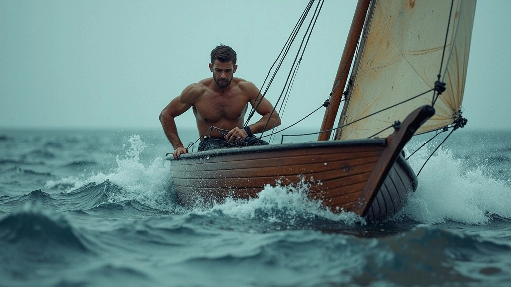 A young man steering a small wooden sailboat through rough seas, symbolizing the struggle of using logic to control emotions in the Ty Temmel blog about emotional anchoring.