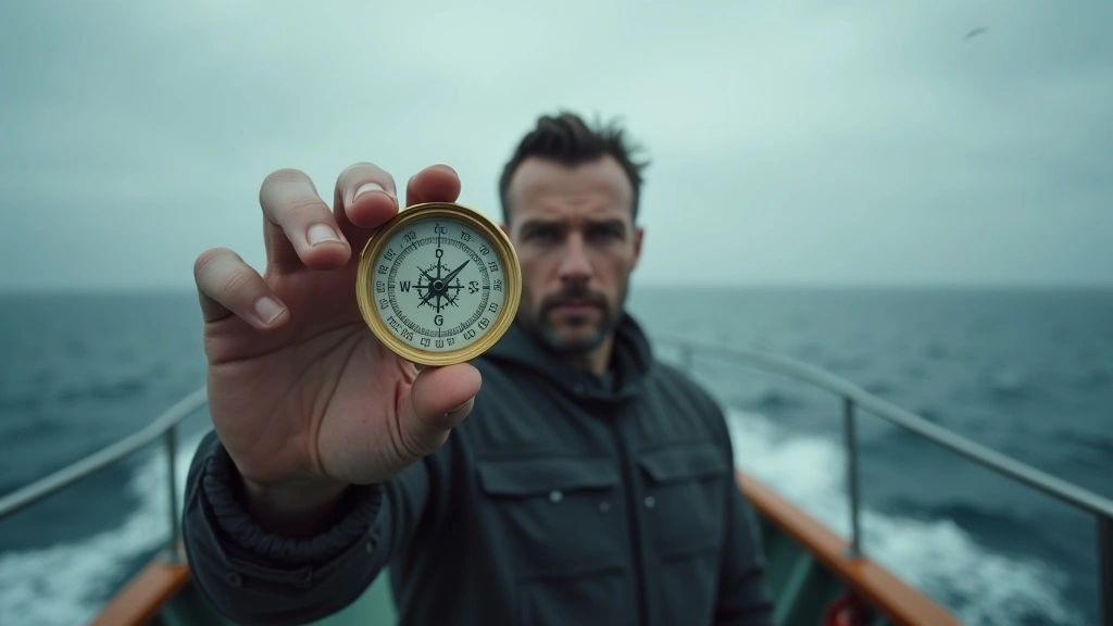 A young man on a boat holding a compass toward the camera, symbolizing direction, emotional intelligence, and masculine steadiness from the Ty Temmel blog about emotional anchoring.