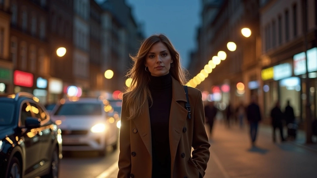 A confident woman in a brown coat walks through a city street at night, illuminated by glowing streetlights, symbolizing independence, self-assurance, and mystery.