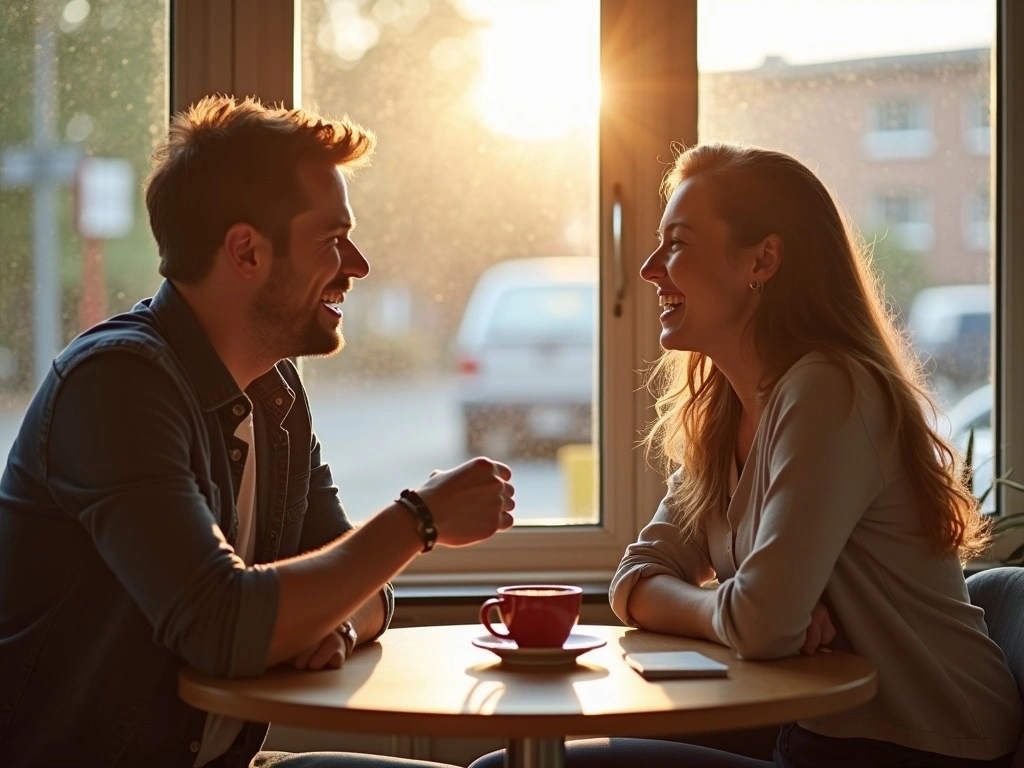 Man and woman laughing together during a coffee date at sunset, symbolizing natural chemistry and authentic connection after mindful dating.