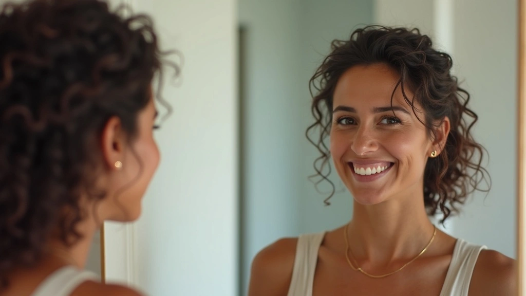 A smiling woman with curly hair looks confidently at herself in the mirror, symbolizing self-love, confidence, and inner strength.