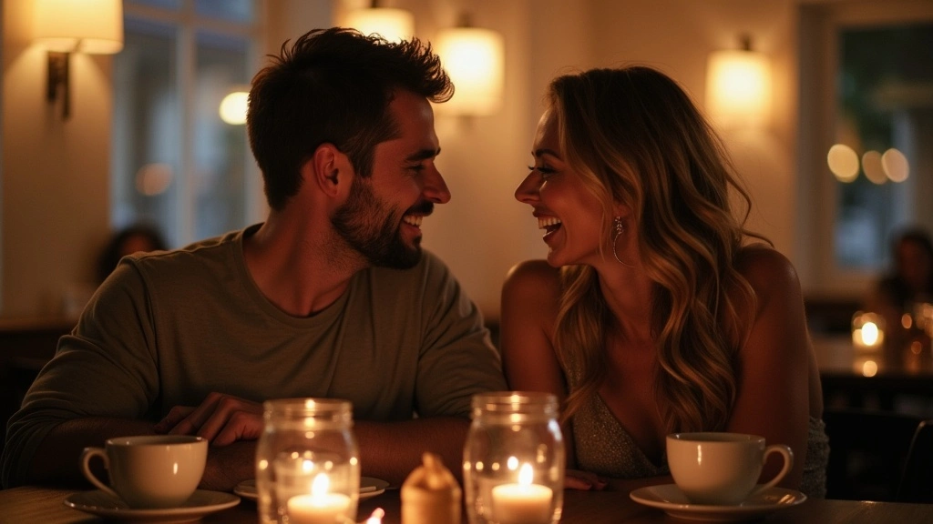 A smiling couple shares a romantic candlelit conversation over coffee at a cozy restaurant, radiating warmth, connection, and attraction.