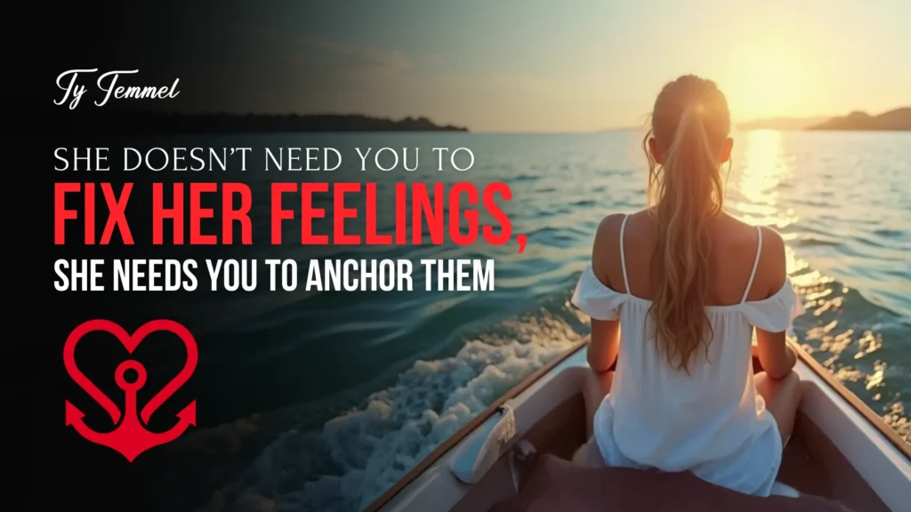 A young woman in a white dress sitting on a small boat during sunset, facing calm ocean waters, symbolizing emotional depth and feminine energy in the Ty Temmel blog “She Doesn’t Need You to Fix Her Feelings, She Needs You to Anchor Them.”