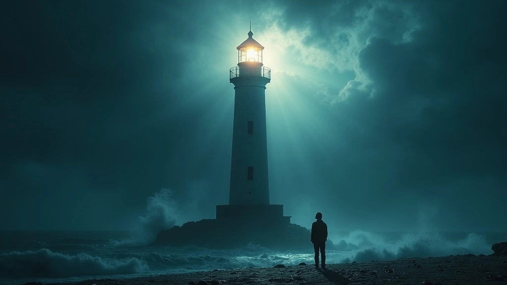 A young man standing before a glowing lighthouse during a storm at night, waves crashing around him, symbolizing calm strength and emotional guidance from the Ty Temmel blog about being a stoic lighthouse in relationships.