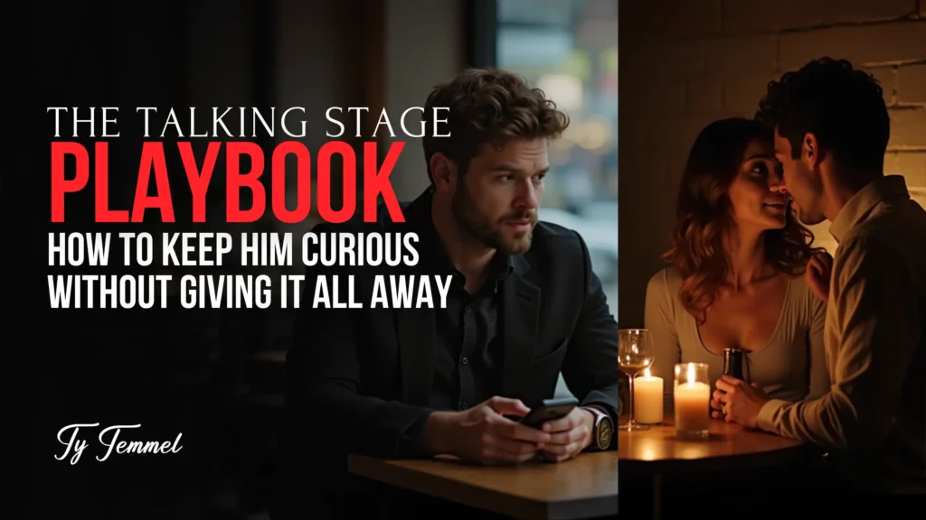 A man sits alone looking thoughtful with his phone while a couple shares an intimate candlelit moment, symbolizing curiosity, attraction, and mystery in the dating talking stage.