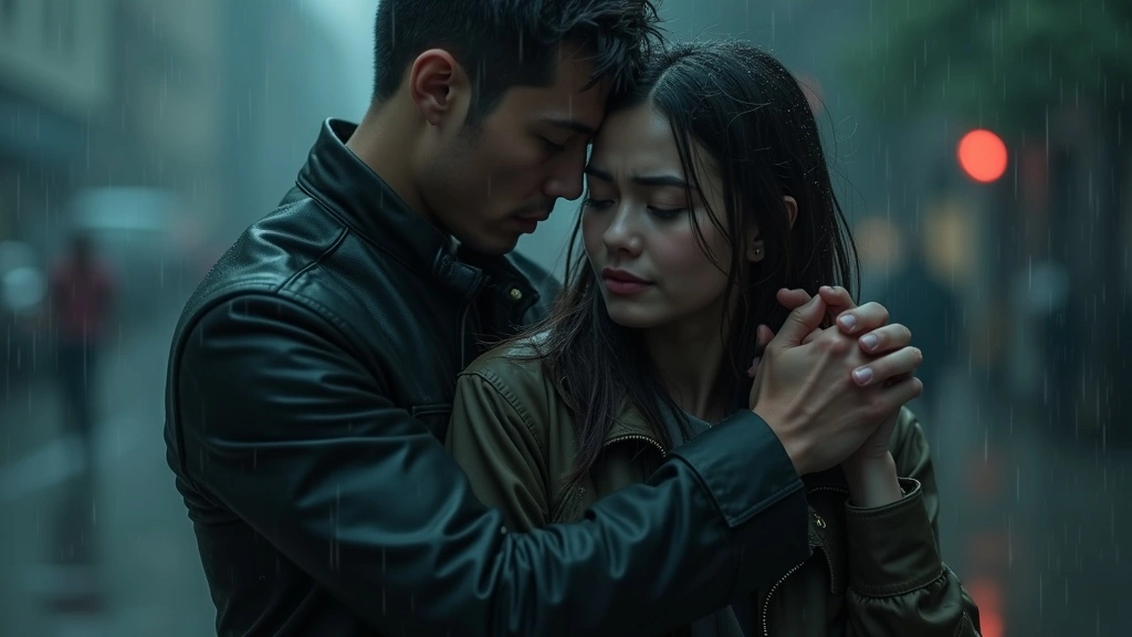 A young couple embracing in the rain, the man holding the woman gently while she closes her eyes, symbolizing love, safety, and emotional presence from the Ty Temmel blog on emotional anchoring.