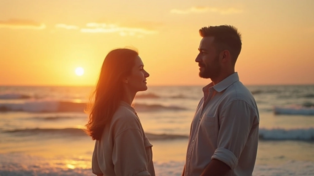 A young couple standing on the beach at sunset, smiling at each other with calm connection, symbolizing emotional harmony and love from the Ty Temmel blog about emotional anchoring.