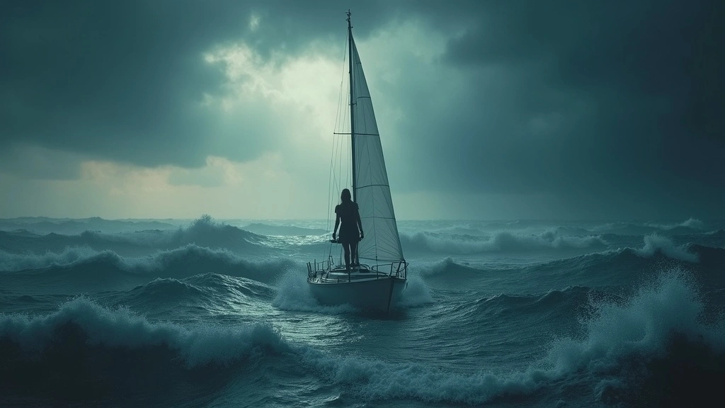 A young woman sailing alone through dark stormy waves under a moody sky, symbolizing emotional turbulence and inner strength in the Ty Temmel blog about emotional anchoring.