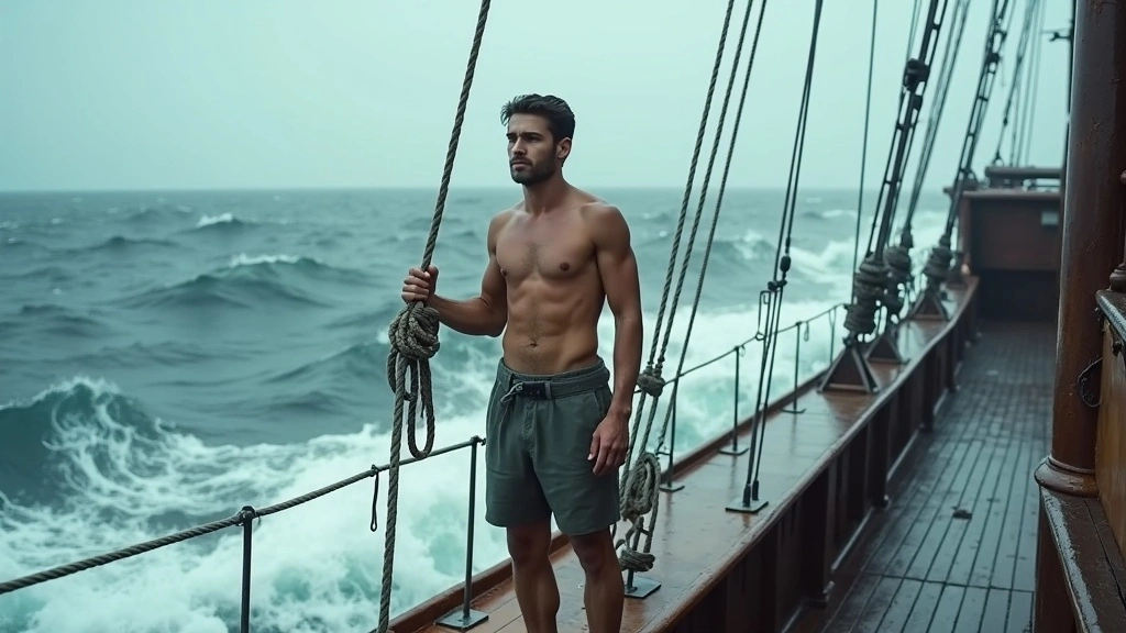A young man standing shirtless on a ship deck, holding a thick rope as waves crash around him, symbolizing calm strength and emotional grounding in the Ty Temmel blog about being her anchor.
