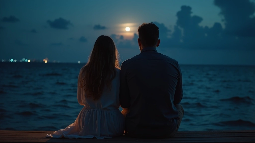 A young couple sitting together on a dock at night under moonlight, overlooking the calm ocean, symbolizing emotional connection and co-regulation in the Ty Temmel blog about emotional anchoring.